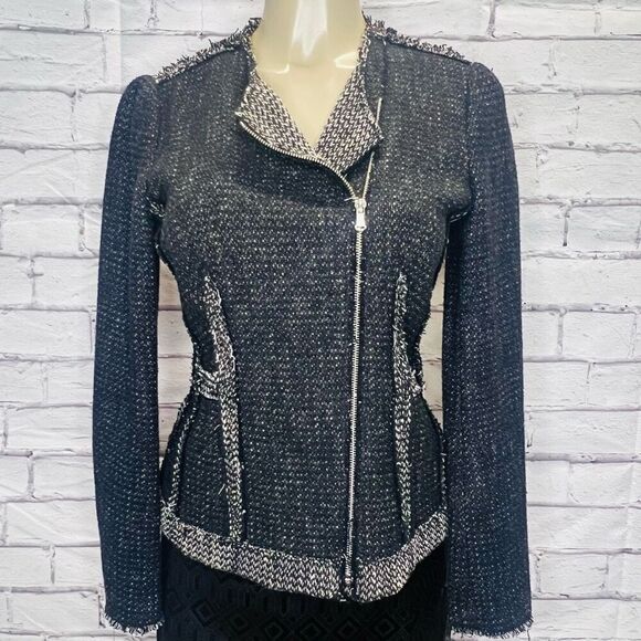Rebecca Taylor Women's Black Long Sleeve Tweed Frayed Moto Jacket Size 4 - Picture 1 of 8
